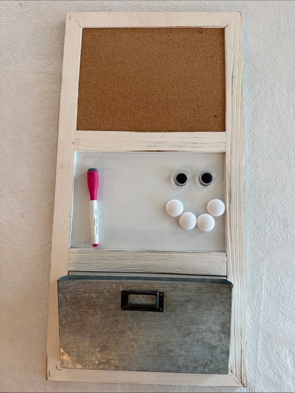 White Rustic Wall Organizer with Cork Board and Metal Pocket
